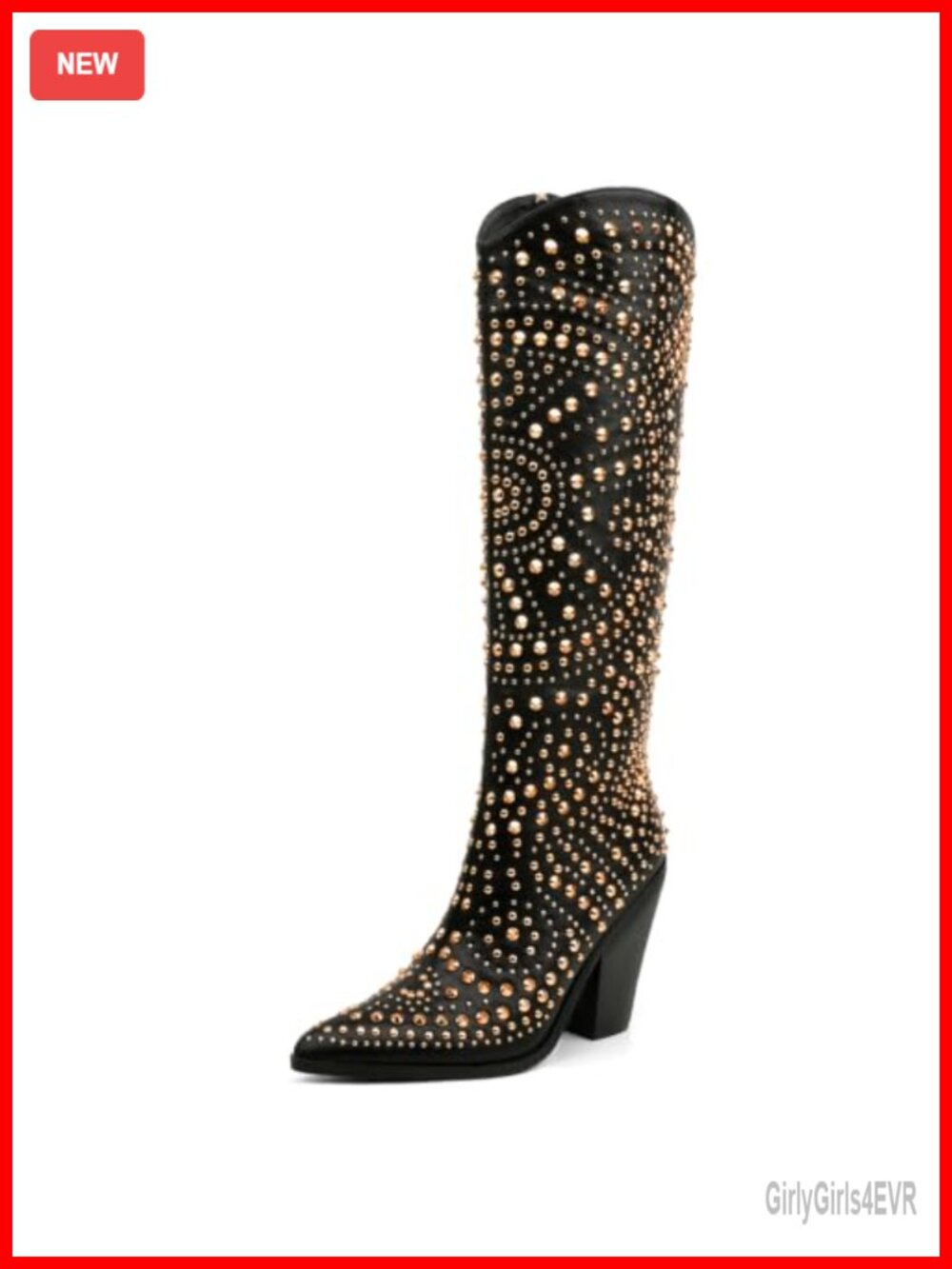 Studded Knee High Western Cowboy Boots Pointed Toe Chunky Heel Faux Leather